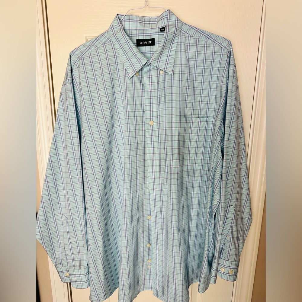 Orvis Men's Blue and White Pastel Plaid Button-Down Shirt XXL